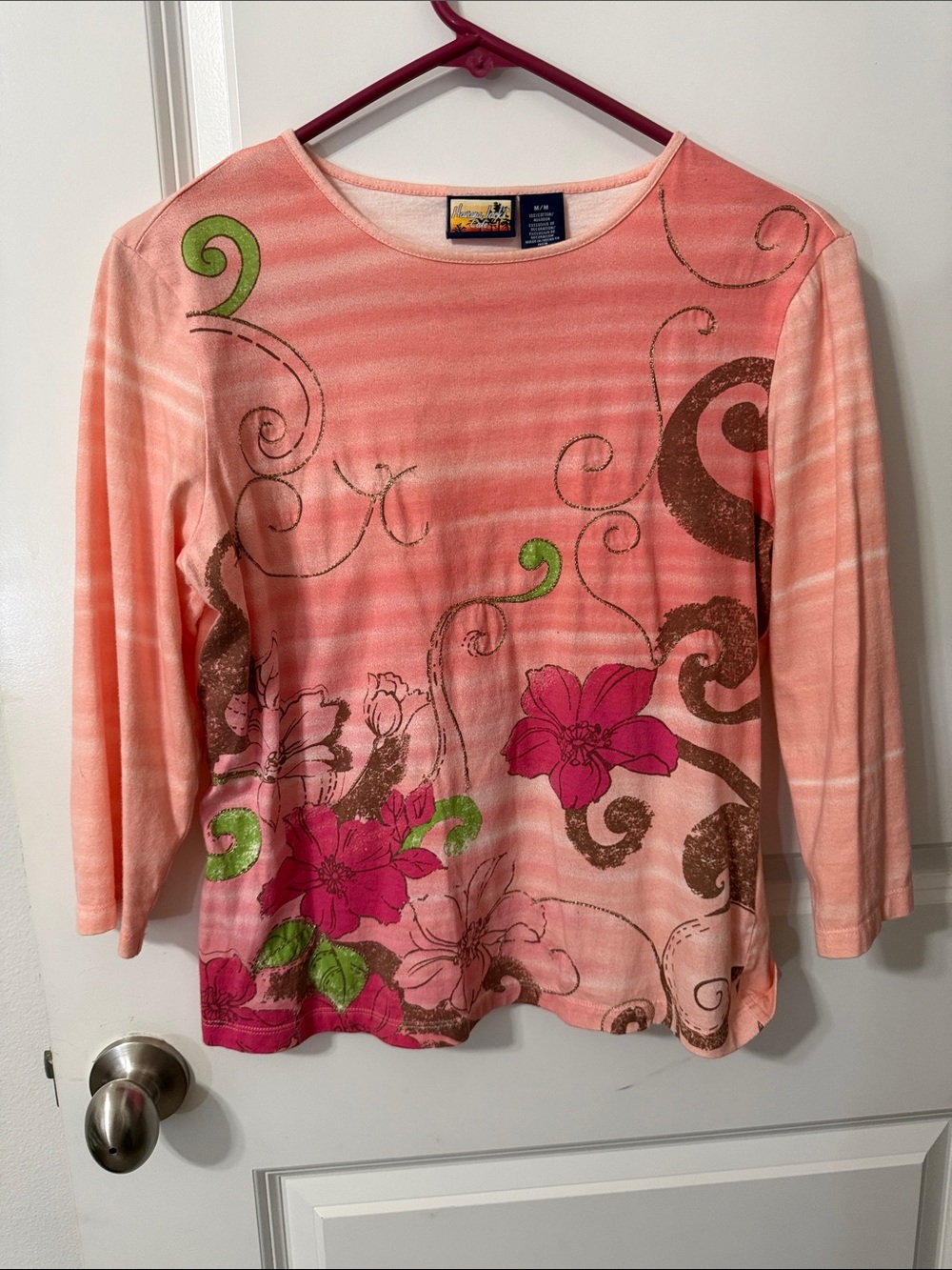 Coral Pink Floral Scoop Neck Long Sleeve Top